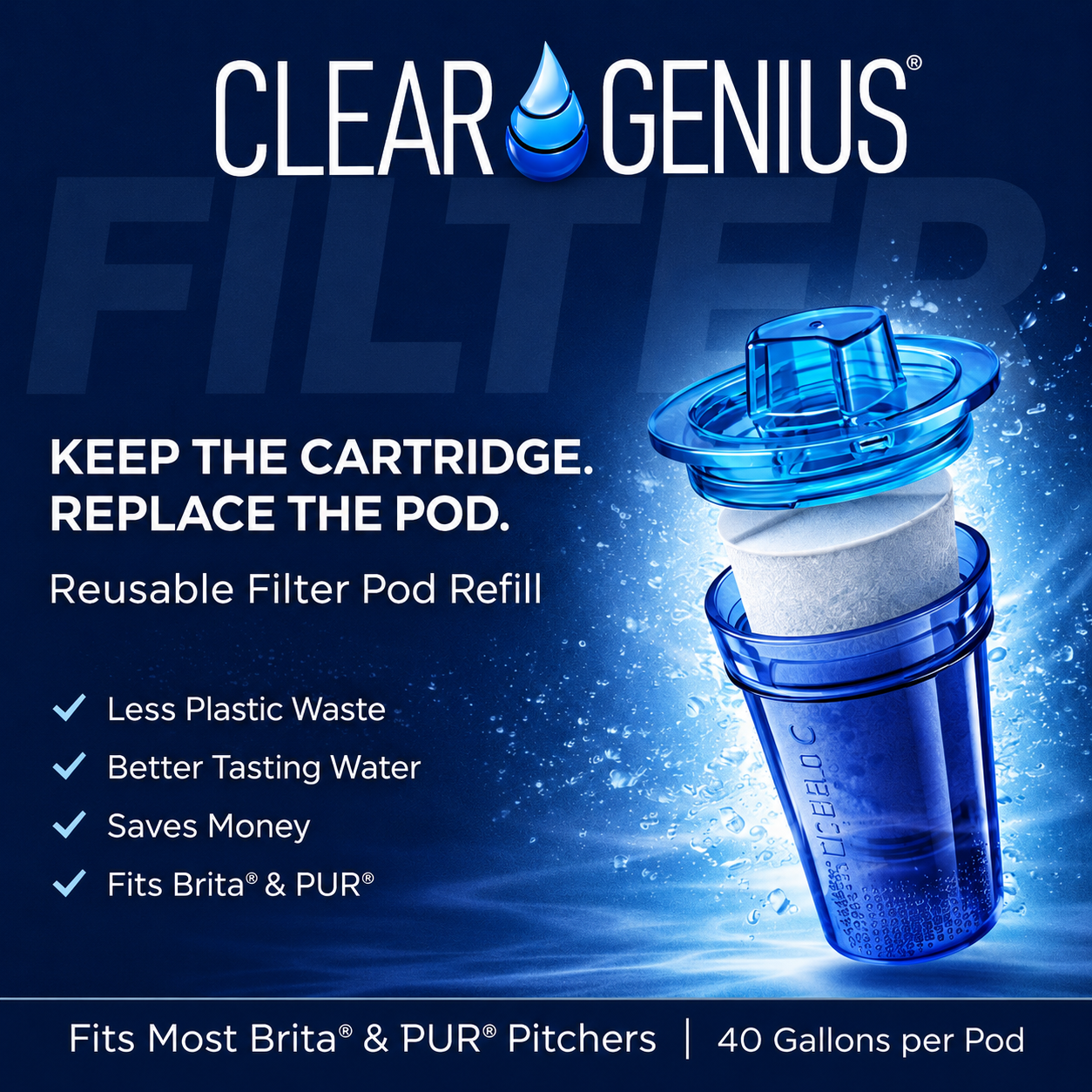 Clear Genius 6-Cup Water Filter Pitcher, Includes Reusable Filter Cartridge and Filter Pod Refill