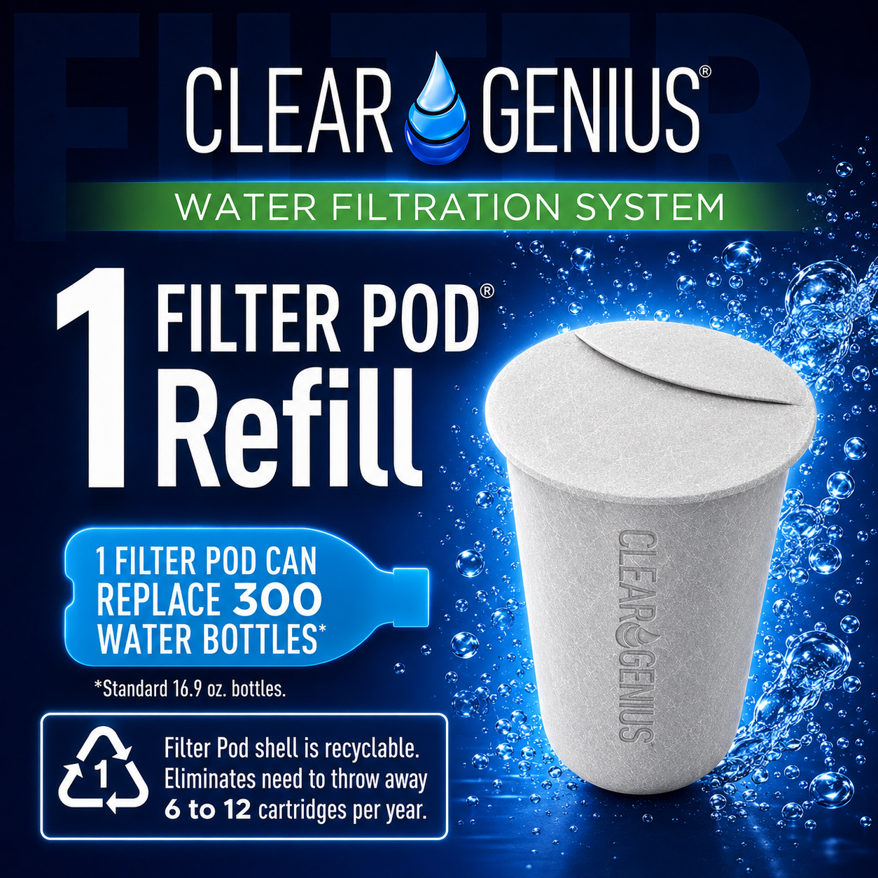 Clear Genius 6-Cup Water Filter Pitcher, Includes Reusable Filter Cartridge and Filter Pod Refill