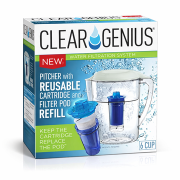 Clear Genius 6-Cup Water Filter Pitcher, Includes Reusable Filter Cartridge and Filter Pod Refill